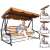 Springos 4-person garden swing bed with adjustable canopy - brown-beige striped - collage showing different angles and features
