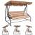 Springos 4-person garden swing bed with adjustable canopy - brown-beige striped - collage showing different angles and features
