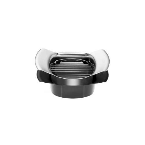 Rösle tomato and mozzarella slicer, front view, black base with stainless steel top