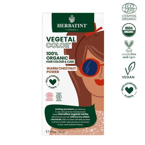 Herbatint Vegetal Color 100% Bio Hajfesték és Ápolás MELEG GESZTENYE, 100g, vegán, kegyetlenség mentes, USDA Bio, Cosmos Bio