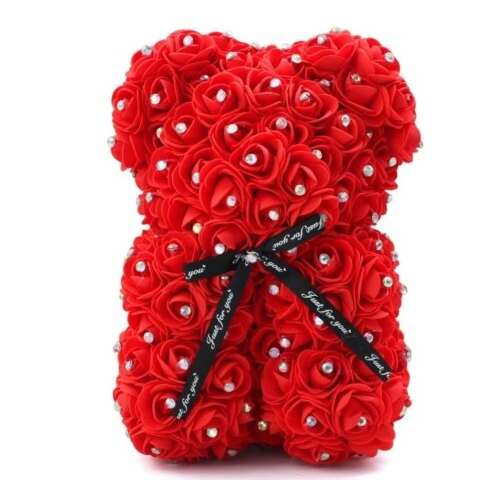 Strasszos - Rózsa maci, örök virág maci díszdobozban 25 cm - piros