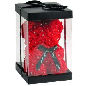Strasszos - Rózsa maci díszdobozban, 25 cm, piros, szappanrózsával - Ajándék ötlet Valentin-napra
