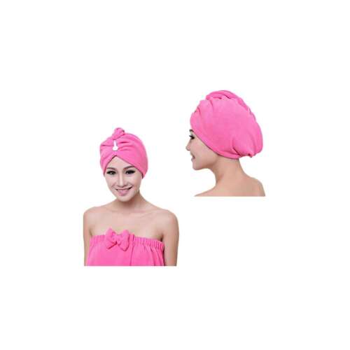 Rózsaszín mikroszálas hajszárító törölköző, turbán stílusban, gombos záródással