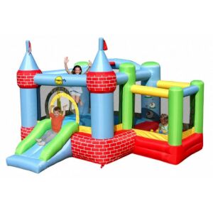 Gyerekek játszanak a Kastély ugrálóvárban csúszdával és labdahálóval - Szabadtéri játék és felszerelés