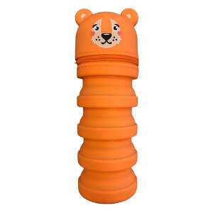 Orange silicone pencil case with tiger face, expandable, zipper closure - Pencil Case