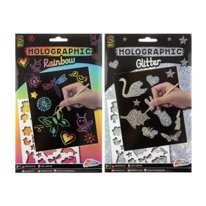 Grafix Holografisches Kratzbilder-Set Glitter und Regenbogen, zwei Packungen Kratzbilder-Sets, jedes mit schwarzen Karten, Schablonen und Holzstift, kreieren Sie farbenfrohe Designs, indem Sie die schwarze Beschichtung wegkratzen - Grafix