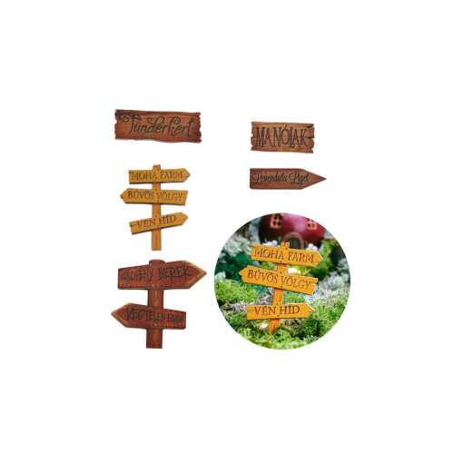 Tündérkert táblák, Manókellék - színes útjelző táblák 5/cs 6565, fa táblák, tündérkert dekoráció, 5 db-os készlet