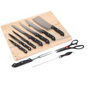 Excellent Houseware kitchen knife set with wooden cutting board, includes chef's knife, carving knife, bread knife, utility knife, steak knife, shears, sharpening steel, and fork - Kitchen Knife