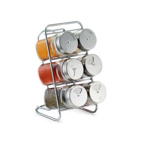 Zeller 6-teiliges Gewürzregal-Set mit Glasbehältern und Edelstahldeckeln, 18x9,3x15 cm, transparent