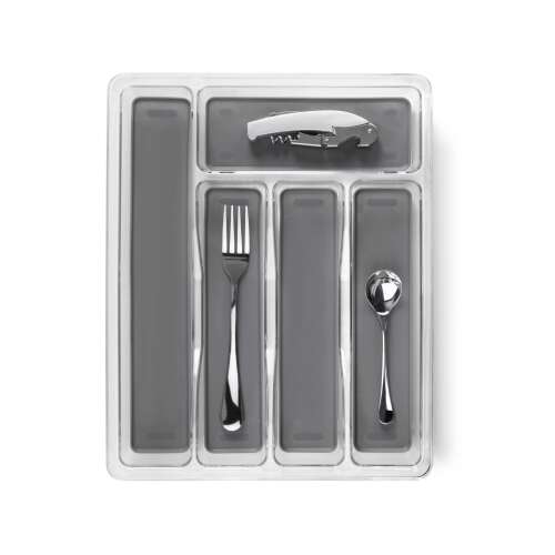 Ibili cutlery organizer, clear acrylic, 5 compartments, gray inserts, for forks, spoons, knives, and other utensils
