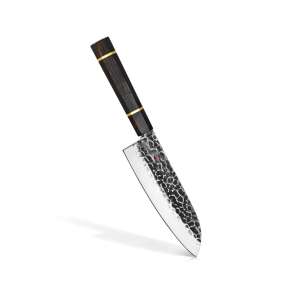 Fissman-Kensei Bokuden Santoku knife, AUS-8 steel, 18 cm, silver/brown, with a wooden handle and gold accents, on a white background - Fissman