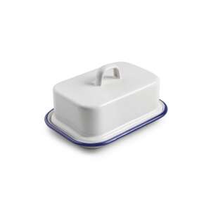 Ibili Blanca enamelled steel butter dish with lid, white with blue trim - Ibili