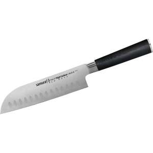 Samura Mo-V High Carbon AUS-8 steel santoku knife, showcasing the black wood-like handle and the blade with dimpled design - Home & Garden