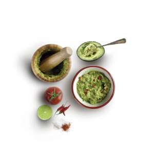 Ibili bamboo mortar and pestle, used to make guacamole with avocado, lime, tomato, chili, and salt - Mortar