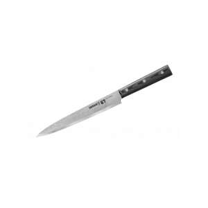 Samura 67 Damascus steel slicing knife with black handle on a white background - Kitchen Knife