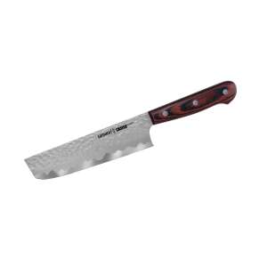 Samura-Kaiju nakiri knife, a Japanese-style vegetable knife with a hammered finish and a red and black wood handle. - Kitchen Knife