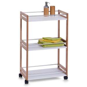 Zeller bathroom storage trolley with 3 shelves, white MDF and bamboo, with chrome rails and wheels - Bathroom shelf unit