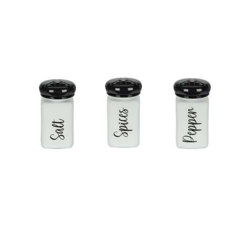 Set of 3 glass salt, pepper and spice shakers with black lids