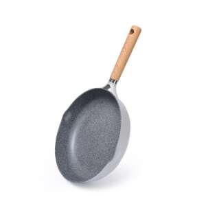 Fissman Shadow Borneo deep frying pan, 24x7.2cm, aluminum, gray, angled view, showing the wooden handle - Fissman