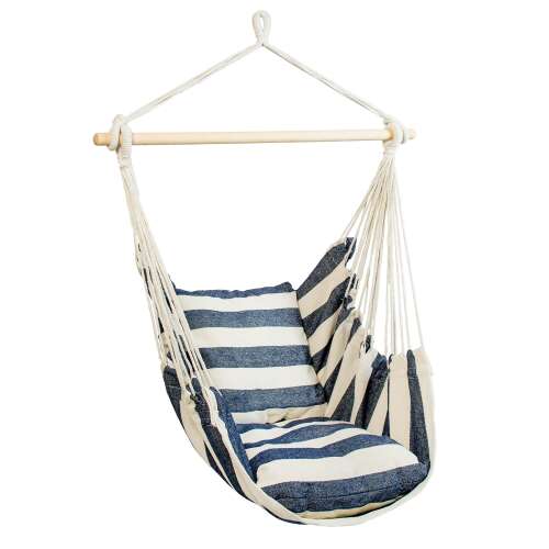 ZLT Brazil pruhované závesné kreslo s vankúšmi, béžové a tmavomodré