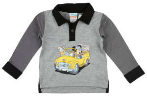 Disney Mickey Mouse hosszú ujjú póló fiúknak, szürke színben, fekete szegéllyel, Mickey egérrel és Donald kacsával egy sárga autóban - Gyerek hosszú ujjú póló