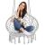 Woman sitting in Springos grey macrame hanging chair isolated on white