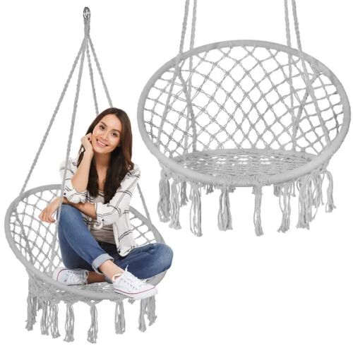 Springos grey macrame hanging chair collage with and without model