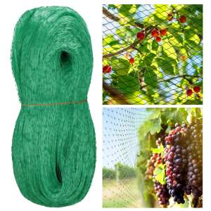 Springos Bird Net, 4x5m, green, collage showing the net rolled up, and in use protecting cherries and grapes - Landscaping