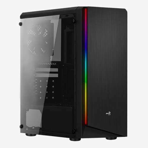 Aerocool Rift RGB Computergehäuse, Seitenansicht, zeigt gehärtetes Glas-Seitenteil und RGB-Beleuchtung