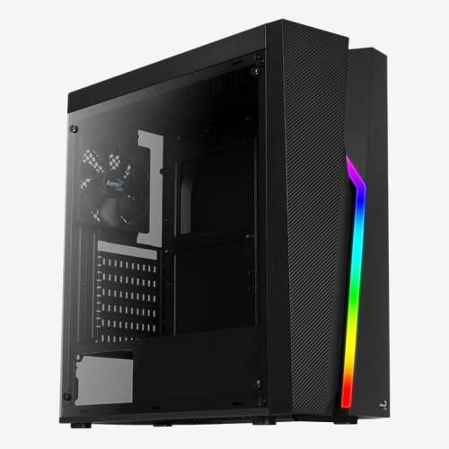 Aerocool Bolt RGB számítógép ház, oldalnézet, a temperált üveg oldalsó panel és az RGB világítás bemutatása - Aerocool