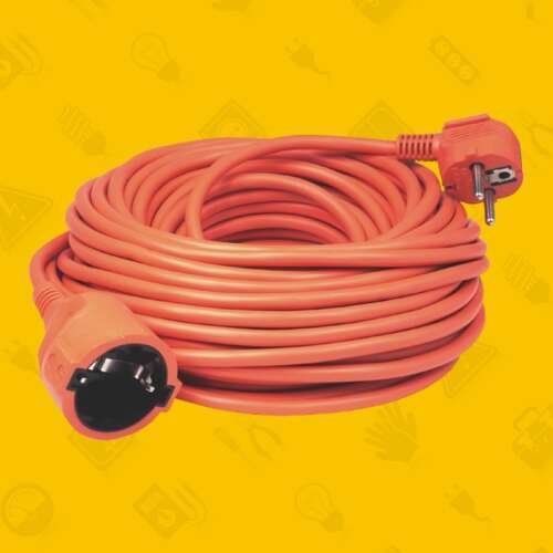 Pomarańczowy kabel przedłużający o długości 5 metrów z uziemioną wtyczką i kątową gniazdkiem, kabel 3x1,5mm2, ochrona IP20, maksymalne obciążenie 3680W