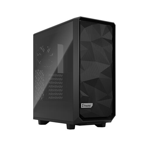 Carcasă PC Fractal Design Meshify 2 Compact Black cu panou lateral din sticlă securizată, vedere frontală unghiulară