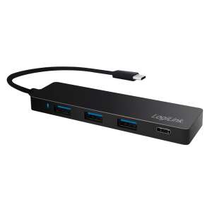 LogiLink Ultra-vékony USB-C 4-portos hub, fekete, 3x USB 3.0 Type A, 1x USB-C, 1x USB-C kábel - Logilink
