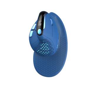 Angled view of Delux M618XSD blue vertical ergonomic mouse - Delux Mouse