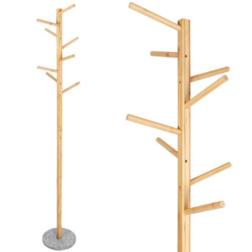 Springos coat rack, bamboo coat stand with granite base, 8 hooks, side view