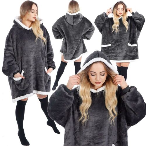 Collage of Springos oversized hoodie blanket in graphite and white