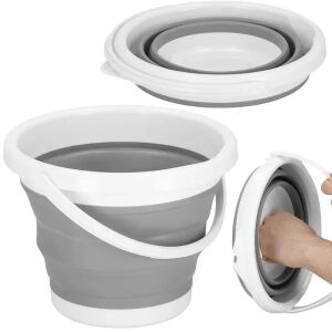 Springos gray and white collapsible bucket collage: expanded, folded, and in use - Cleaning Tool