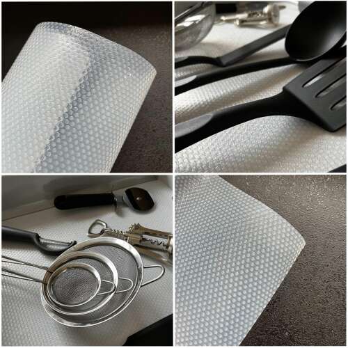 Springos drawer liner, non-slip, white, 300cm x 50cm, roll, collage with usage examples