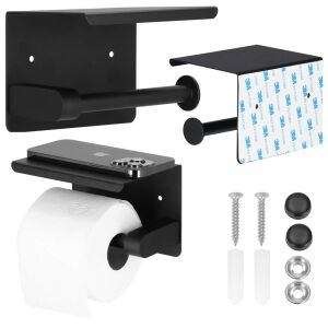 Springos black toilet paper holder collage with shelf, adhesive and mounting options - Toilet Paper Holder & Stand