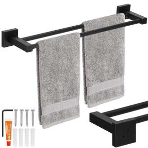 Springos black double towel rack, 50 cm wide, with mounting screws and glue - Towel rack