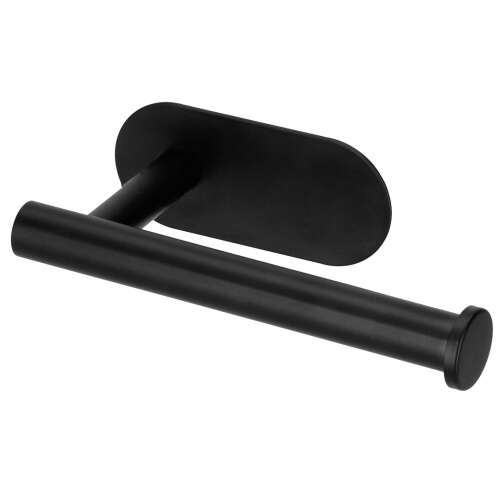 Springos fekete WC-papír tartó ragasztószalagos rögzítéssel, a tartót WC-papír tekercs nélkül mutatja