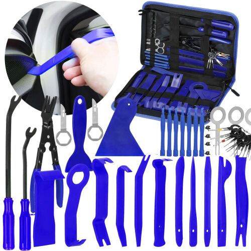 Springos car trim removal tool kit, in use, with case and tools isolated