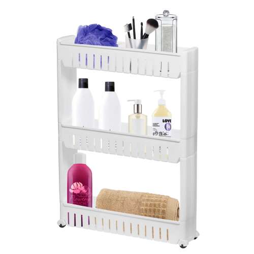 White 3-tier rolling storage shelf, filled with toiletries and a towel