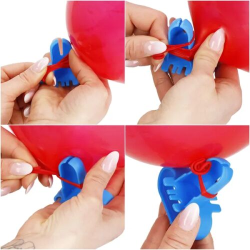 Springos balloon tying tool usage steps collage