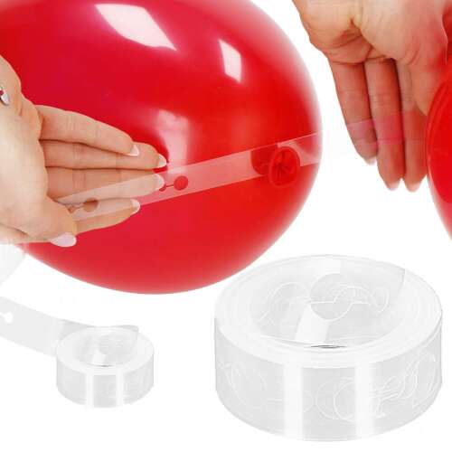 Clear balloon tape for making balloon garlands, showing a hand attaching a balloon to the tape, and a roll of tape