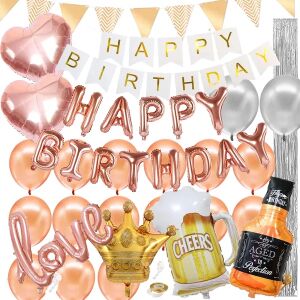 Springos Happy Birthday Decorations Set with balloons, crown, beer mug, whiskey bottle, and love sign - Springos