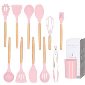 Springos 11 piece pink silicone kitchen utensil set with wooden handles and storage container - Kitchen & dining