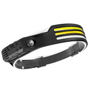 Schwarze Stirnlampe mit gelben Akzenten, zeigt die Vorder- und Seite des Geräts - Taschenlampen & Stirnlampen