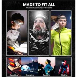 Collage showing different people using the black headlamp for various activities, including repairing, camping, running, and cycling - Flashlight & Headlamp