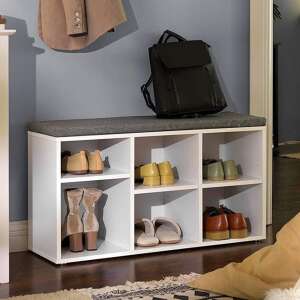 Banca de depozitare a pantofilor SmileHOME cu 6 compartimente și scaun căptușit #white-grey